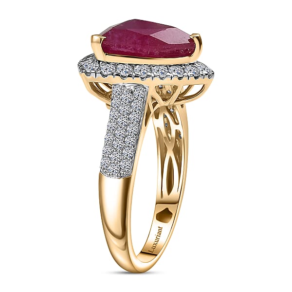 AAA Niassa Ruby And E-F VS Luxuriant Lab Grown Diamond 7.30 Ctw Ring In 10K Yellow Gold