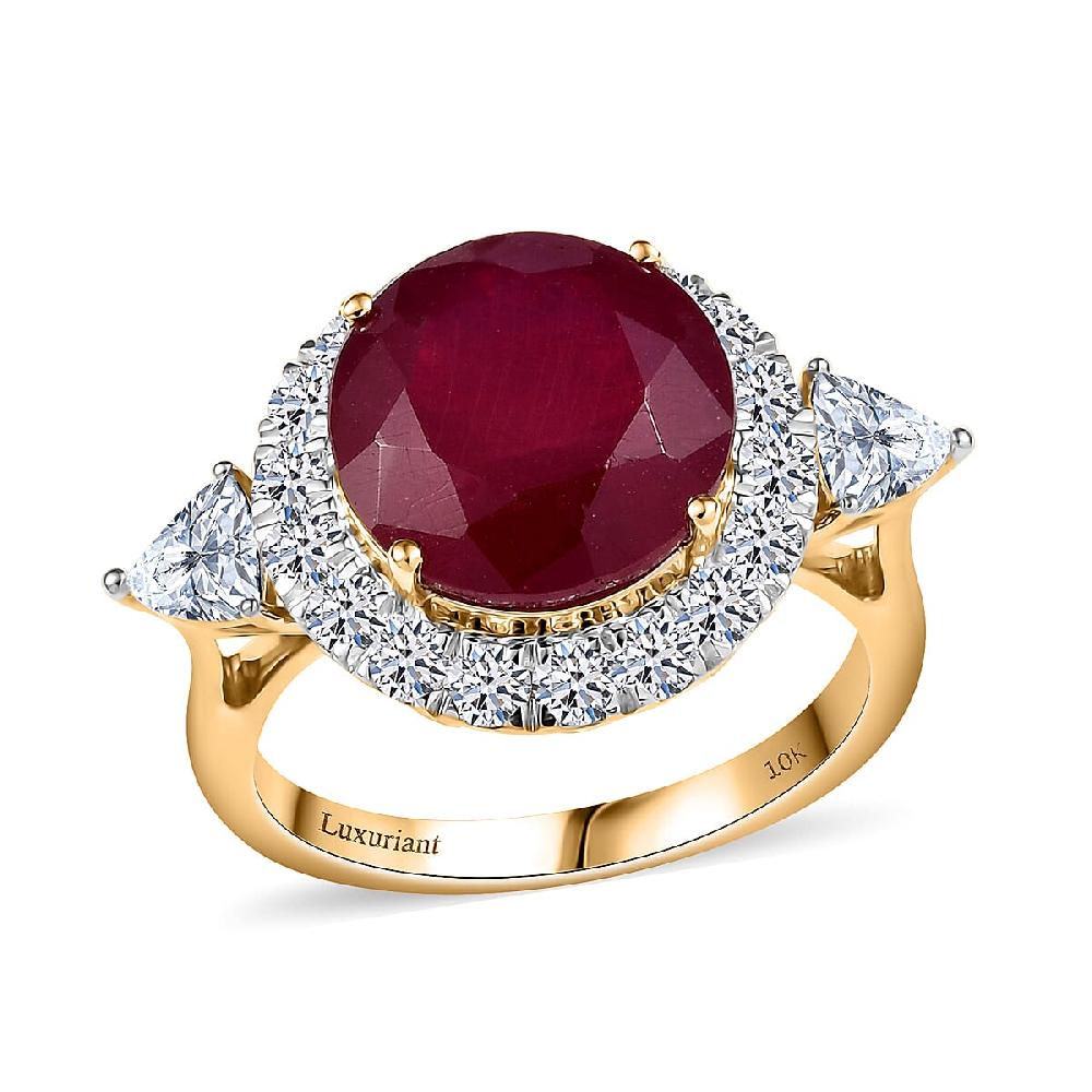 AAA Niassa Ruby and Luxuriant Lab Grown E-F VS Diamond 8.98 ctw Ring in 10K Yellow Gold