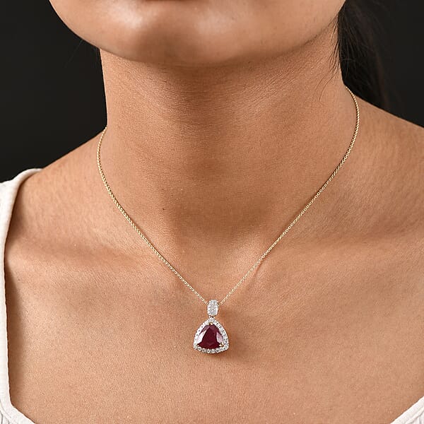 AAA Niassa Ruby (FF) And Luxuriant Lab Grown Diamond E-F VS 7.10 Ctw Pendant Necklace In 10K Yellow Gold 20 Inches