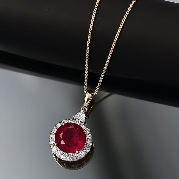 AAA Niassa Ruby (FF) And Luxuriant Lab Grown Diamond E-F VS 8.77 Ctw Pendant Necklace In 10K Yellow Gold 20 Inches