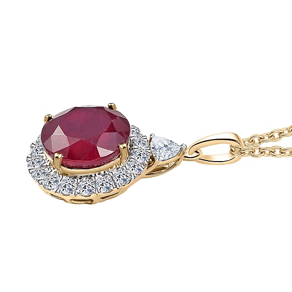 AAA Niassa Ruby (FF) And Luxuriant Lab Grown Diamond E-F VS 8.77 Ctw Pendant Necklace In 10K Yellow Gold 20 Inches