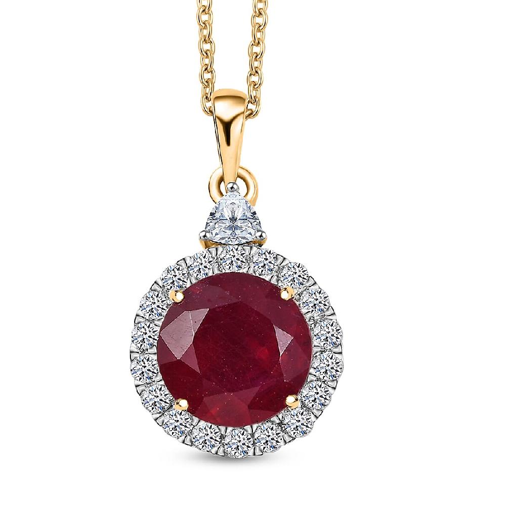 AAA Niassa Ruby (FF) and Luxuriant Lab Grown Diamond E-F VS 8.77 ctw Pendant Necklace in 10K Yellow Gold 20 Inches