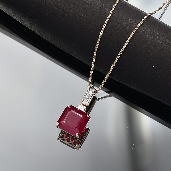 AAA Niassa Ruby (FF) And Luxuriant Lab Grown Diamond E-F VS 10.40 Ctw Pendant Necklace In 10K Yellow Gold 20 Inches