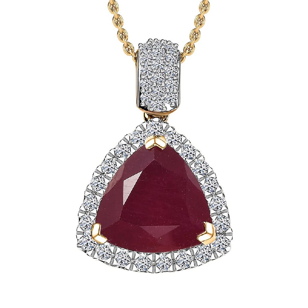 AAA Niassa Ruby (FF) and Luxuriant Lab Grown Diamond E-F VS 7.10 ctw Pendant Necklace in 10K Yellow Gold 20 Inches