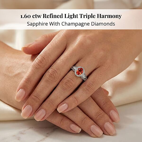 AAA Padparadscha Sapphire (BT) Natural Champagne And White Diamond 1.60 Ctw Ethereal Mirage Ring In Rhodium Over Sterling Silver