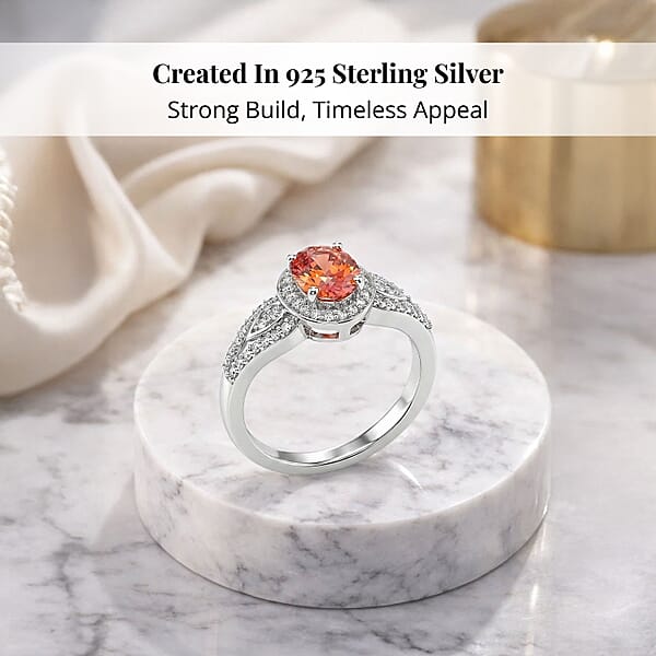 AAA Padparadscha Sapphire (BT) Natural Champagne And White Diamond 1.60 Ctw Ethereal Mirage Ring In Rhodium Over Sterling Silver