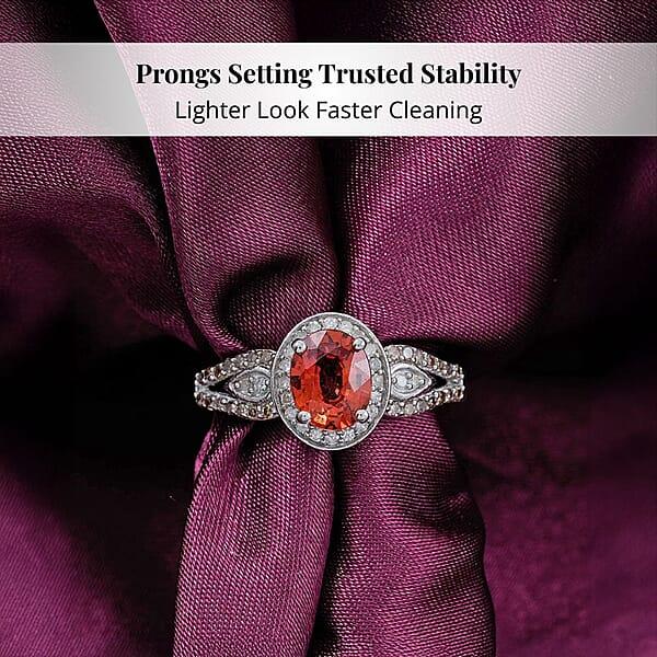 AAA Padparadscha Sapphire (BT) Natural Champagne And White Diamond 1.60 Ctw Ethereal Mirage Ring In Rhodium Over Sterling Silver