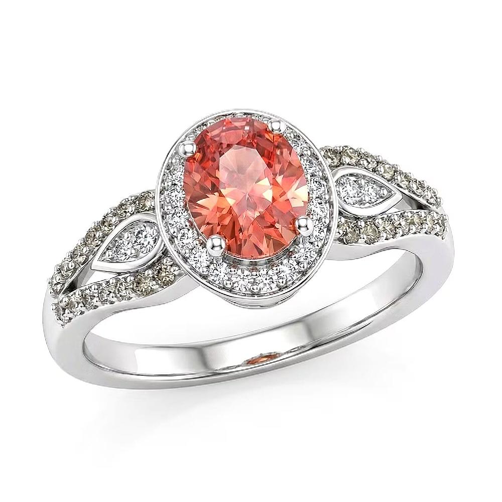 AAA Padparadscha Sapphire (BT) Natural Champagne and White Diamond 1.60 ctw Ethereal Mirage Ring in Rhodium Over Sterling Silver