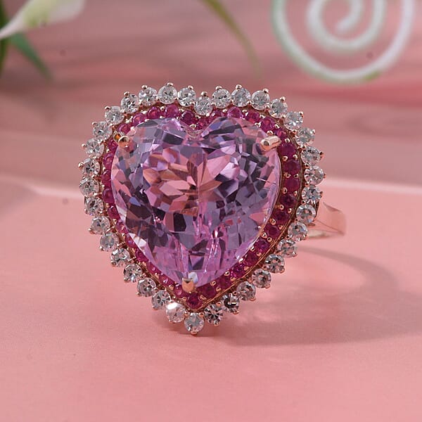 AAA Patroke Kunzite Pink Sapphire Lab Grown Diamond Love Ring In 10K Rose Gold 12.20 Ctw