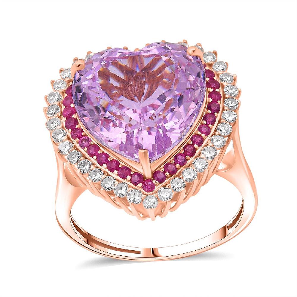 AAA Patroke Kunzite Pink Sapphire Lab Grown Diamond Love Ring in 10K Rose Gold 12.20 ctw