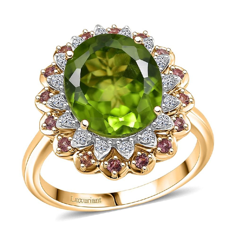 AAA Peridot Padparadscha Sapphire and G-H SI Luxuriant Lab Grown Diamond 6.03 ctw Ring in 10K Yellow Gold