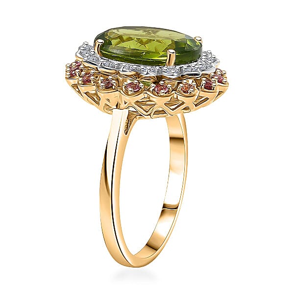 AAA Peridot Padparadscha Sapphire Lab Grown Diamond (G-H SI) Ring In 10K Yellow Gold 6.03 Ctw