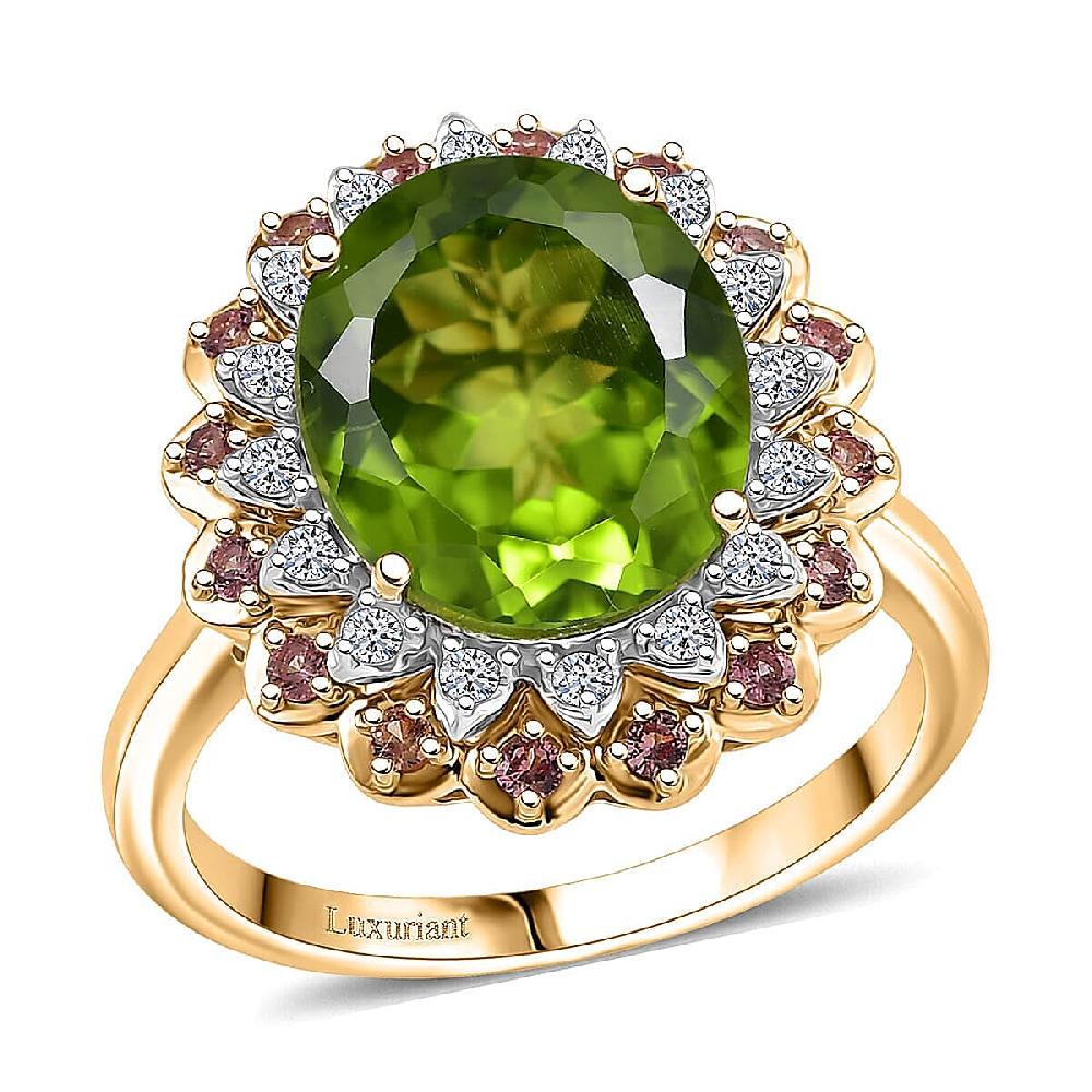 AAA Peridot Padparadscha Sapphire Lab Grown Diamond (G-H SI) Ring in 10K Yellow Gold 6.03 ctw