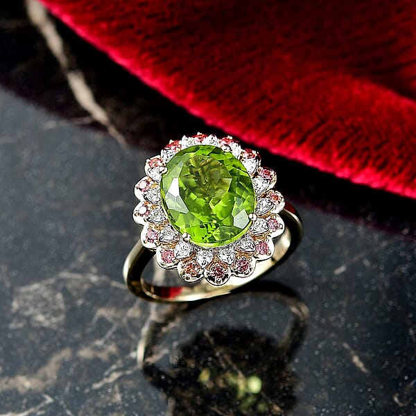 AAA Peridot Padparadscha Sapphire Lab Grown Diamond (G-H SI) Ring In 10K Yellow Gold 6.03 Ctw