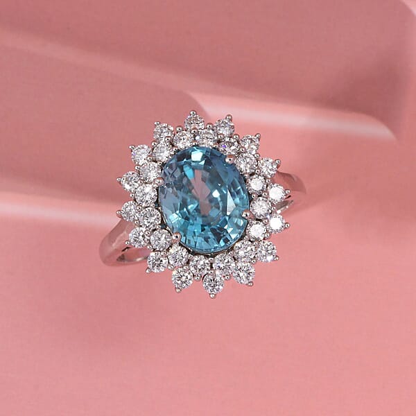 AAA Perito Moreno Blue Zircon And G-H SI Luxuriant Lab Grown Diamond 5.30 Ctw Sea Radiance Ring In 10K White Gold