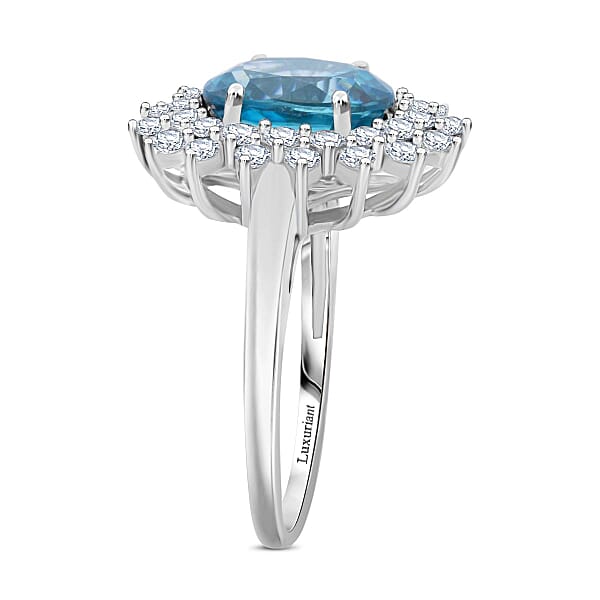 AAA Perito Moreno Blue Zircon And G-H SI Luxuriant Lab Grown Diamond 5.30 Ctw Sea Radiance Ring In 10K White Gold