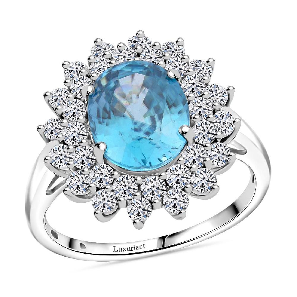 AAA Perito Moreno Blue Zircon and G-H SI Luxuriant Lab Grown Diamond 5.30 ctw Sea Radiance Ring in 10K White Gold