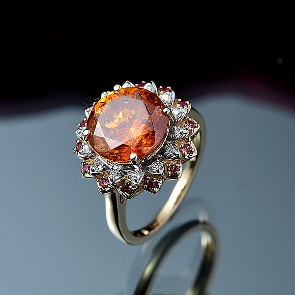 AAA Picos Altos Sphalerite Padparadscha Sapphire And G-H SI Luxuriant Lab Grown Diamond 7.38 Ctw Ring In 10K Yellow Gold