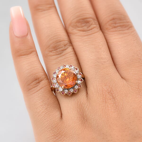 AAA Picos Altos Sphalerite Padparadscha Sapphire And G-H SI Luxuriant Lab Grown Diamond 7.38 Ctw Ring In 10K Yellow Gold