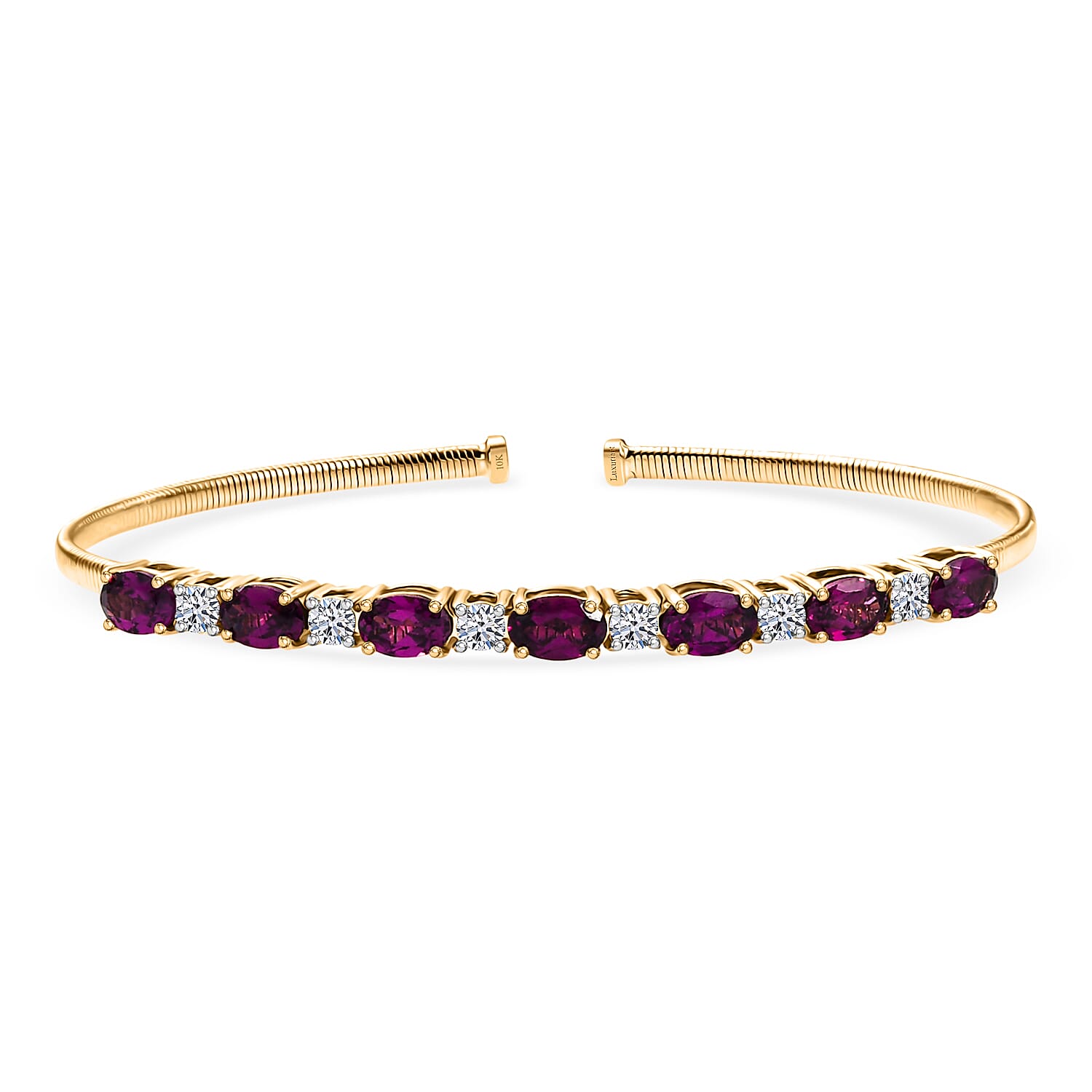 AAA Radiant Ember Garnet and Luxuriant Lab Grown Diamond E-F VS 4.40 ctw Cuff Bracelet in 10K Yellow Gold (7.25 In)