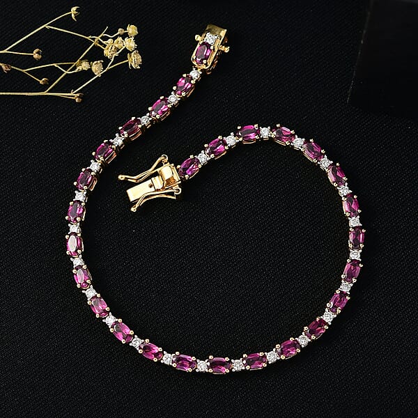 AAA Radiant Ember Garnet And Luxuriant Lab Grown Diamond G-H SI 7.65 Ctw Royal Flame Line Bracelet In 18K Vermeil Yellow Gold Over Sterling Silver (6.50 In)