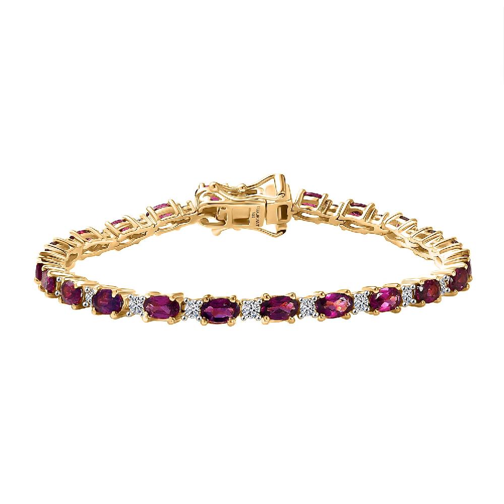 AAA Radiant Ember Garnet and Luxuriant Lab Grown Diamond G-H SI 7.65 ctw Royal Flame Line Bracelet in 18K Vermeil Yellow Gold Over Sterling Silver (6.50 In)