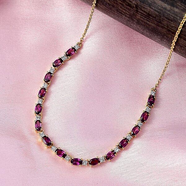 AAA Radiant Ember Garnet And Luxuriant Lab Grown Diamond G-H SI 5.60 Ctw Royal Flame Line Necklace In 18K Vermeil Yellow Gold Over Sterling Silver 18-20 Inches