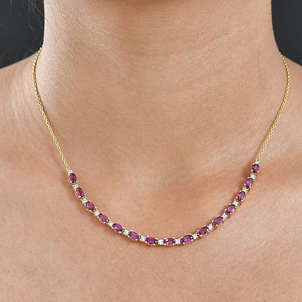 AAA Radiant Ember Garnet And Luxuriant Lab Grown Diamond G-H SI 5.60 Ctw Royal Flame Line Necklace In 18K Vermeil Yellow Gold Over Sterling Silver 18-20 Inches