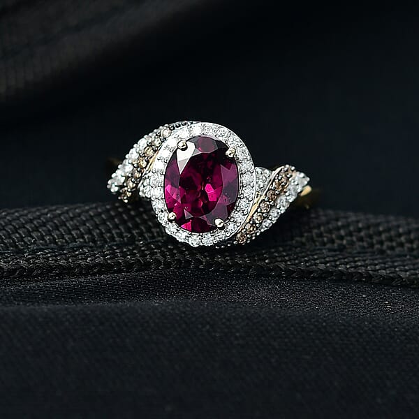 AAA Radiant Ember Garnet Lab Grown Diamond Natural Champagne Diamond Ring In 10K Yellow Gold 2.50 Ctw