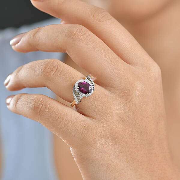 AAA Radiant Ember Garnet Lab Grown Diamond Natural Champagne Diamond Ring In 10K Yellow Gold 2.50 Ctw