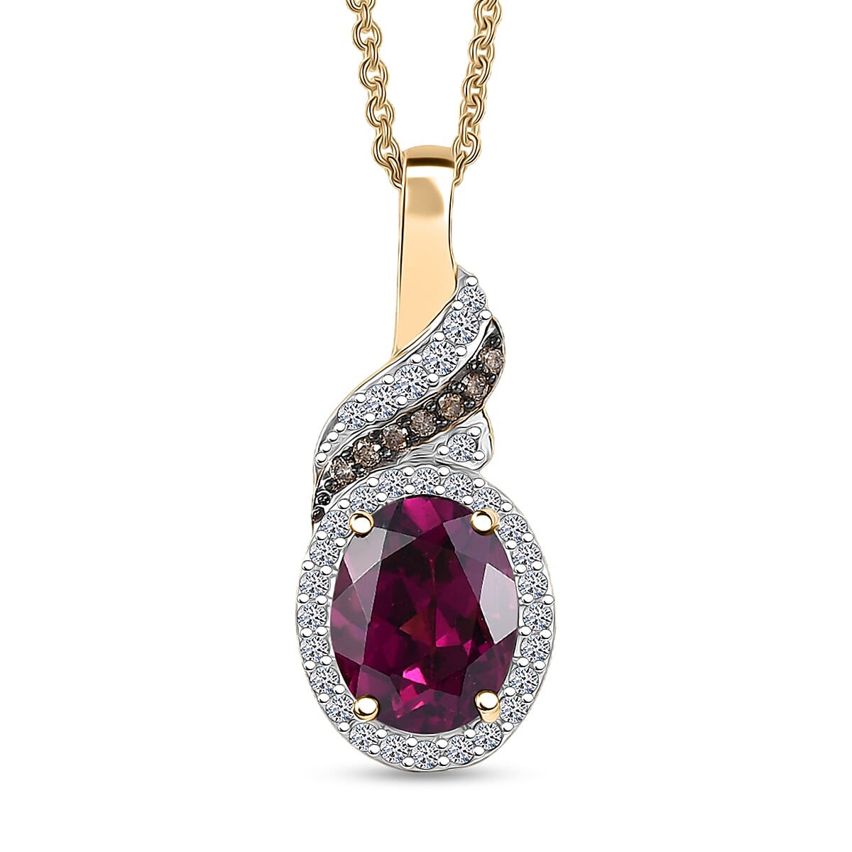 AAA Radiant Ember Garnet Luxuriant Lab Grown Diamond E-F VS and Natural Champagne Diamond I2 2.50 ctw Flame Crown Pendant Necklace in 10K Yellow Gold 20 Inches
