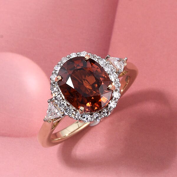 AAA Red Zircon And Luxuriant Lab Grown Diamond E-F VS 4.50 Ctw Crownfire Ring In 10K Yellow Gold