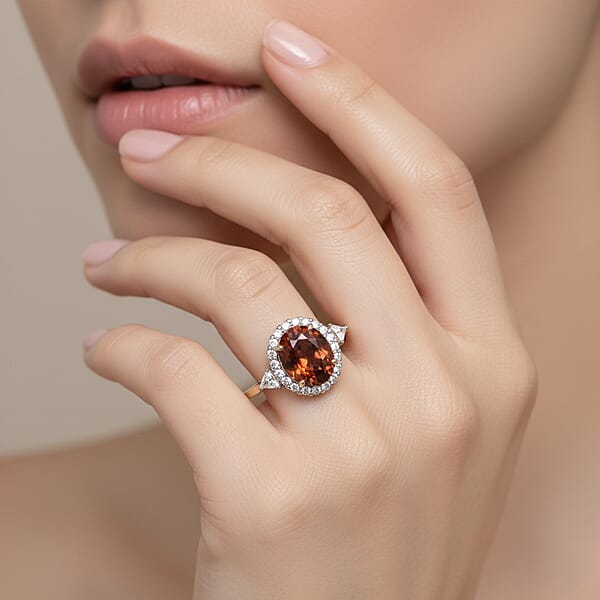 AAA Red Zircon And Luxuriant Lab Grown Diamond E-F VS 4.50 Ctw Crownfire Ring In 10K Yellow Gold