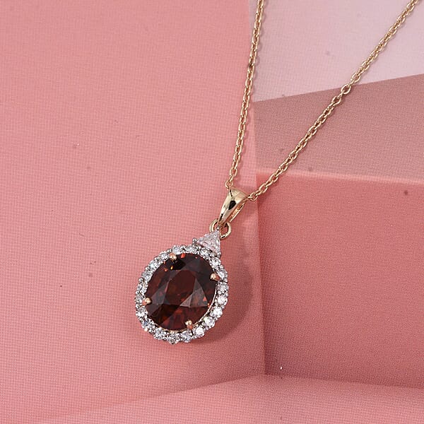 AAA Red Zircon And Luxuriant Lab Grown Diamond E-F VS 4.50 Ctw Crownfire Pendant Necklace In 10K Yellow Gold 18 Inches