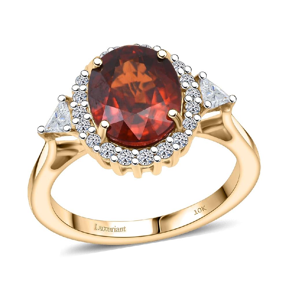 AAA Red Zircon and Luxuriant Lab Grown Diamond E-F VS 4.50 ctw Crownfire Ring in 10K Yellow Gold