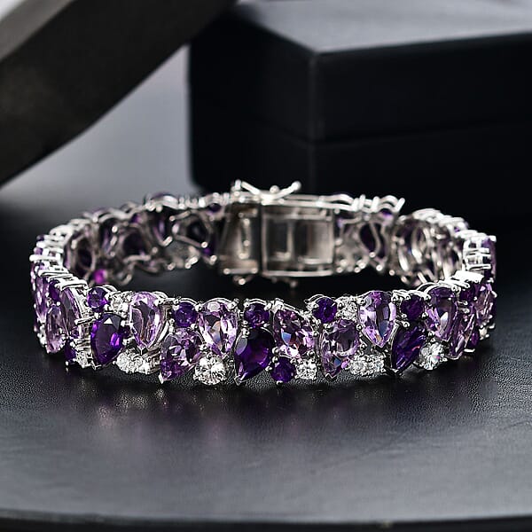 AAA Rose De France Amethyst And Multi Gemstone 41.85 Ctw Bloom Bracelet In Rhodium Over Sterling Silver (7.25 In)