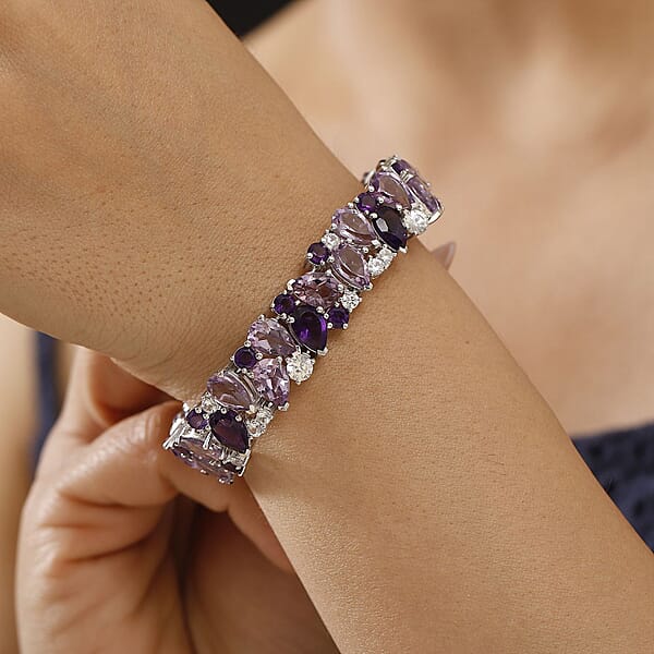 AAA Rose De France Amethyst And Multi Gemstone 41.85 Ctw Bloom Bracelet In Rhodium Over Sterling Silver (7.25 In)