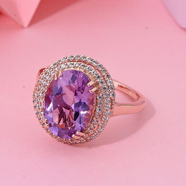 AAA Rose De France Amethyst And White Zircon 6.25 Ctw Eternity Swirl Ring In Vermeil Rose Gold Over Sterling Silver