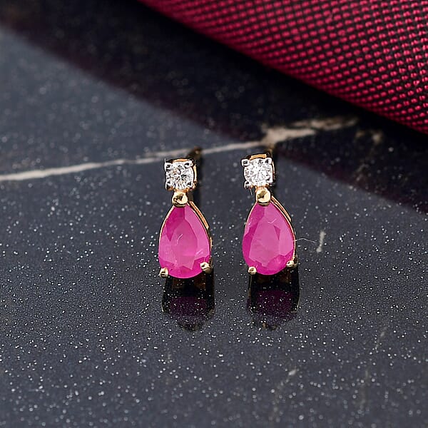 AAA Royal Ruby And Luxuriant Lab Grown Diamond G-H SI 1.15 Ctw Stud Earrings In 18K Vermeil Yellow Gold Over Sterling Silver