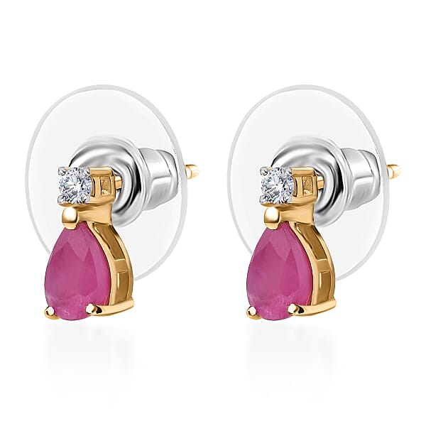 AAA Royal Ruby And Luxuriant Lab Grown Diamond G-H SI 1.15 Ctw Stud Earrings In 18K Vermeil Yellow Gold Over Sterling Silver