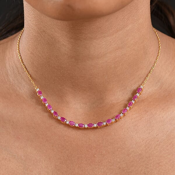 AAA Royal Ruby And Luxuriant Lab Grown Diamond G-H SI 6.10 Ctw Necklace In 18K Vermeil Yellow Gold Over Sterling Silver 18 Inches