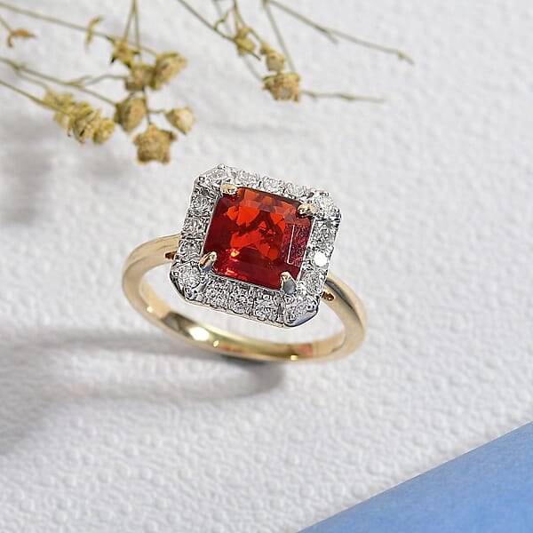 AAA Salamanca Fire Opal And Luxuriant Lab Grown Diamond G-H SI 1.85 Ctw Ring In 10K Yellow Gold