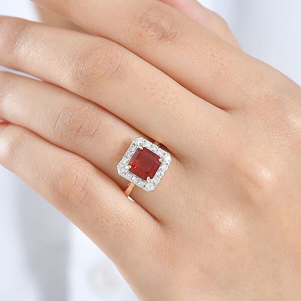AAA Salamanca Fire Opal And Luxuriant Lab Grown Diamond G-H SI 1.85 Ctw Ring In 10K Yellow Gold