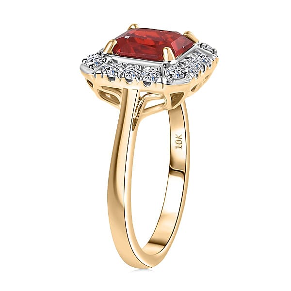 AAA Salamanca Fire Opal And Luxuriant Lab Grown Diamond G-H SI 1.85 Ctw Ring In 10K Yellow Gold