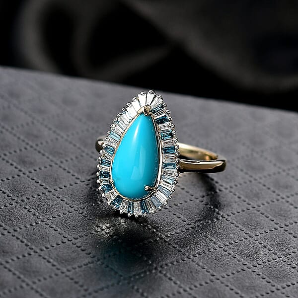 AAA Sleeping Beauty Turquoise Lab Grown Blue And White Diamond Ring In 10K Yellow Gold 2.40 Ctw