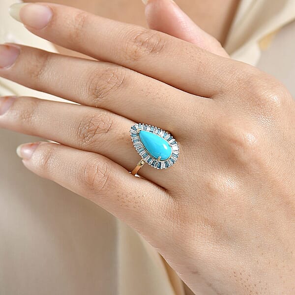 AAA Sleeping Beauty Turquoise Lab Grown Blue And White Diamond Ring In 10K Yellow Gold 2.40 Ctw