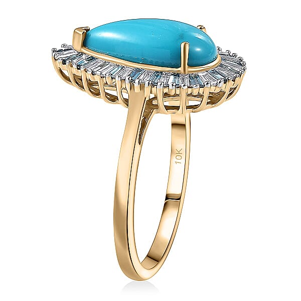 AAA Sleeping Beauty Turquoise Lab Grown Blue And White Diamond Ring In 10K Yellow Gold 2.40 Ctw
