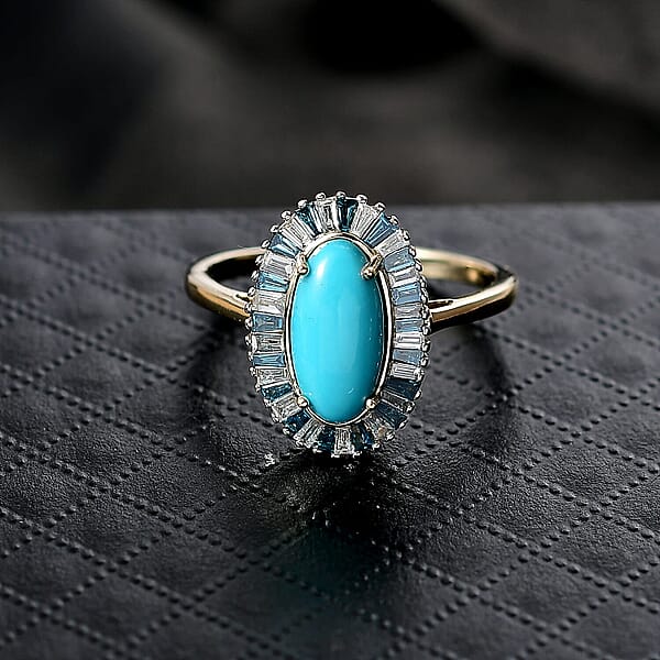 AAA Sleeping Beauty Turquoise Lab Grown Blue And White Diamond Stargate Ring In 10K Yellow Gold 2.40 Ctw