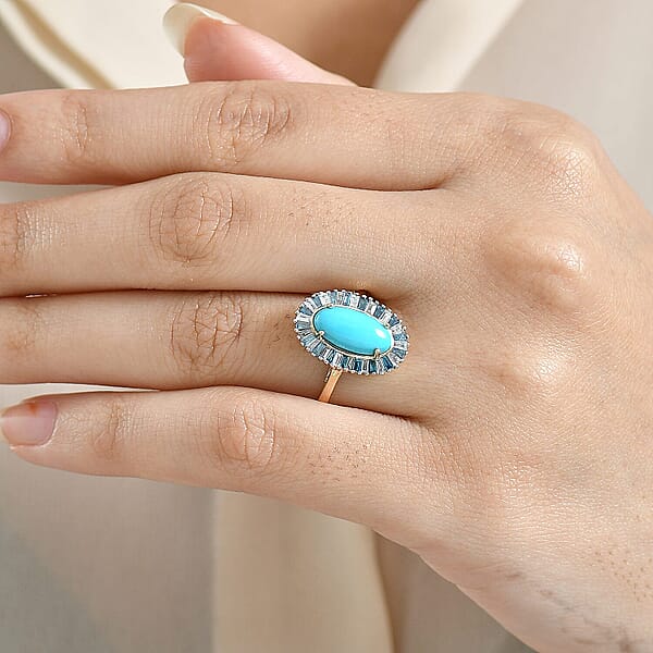 AAA Sleeping Beauty Turquoise Lab Grown Blue And White Diamond Stargate Ring In 10K Yellow Gold 2.40 Ctw