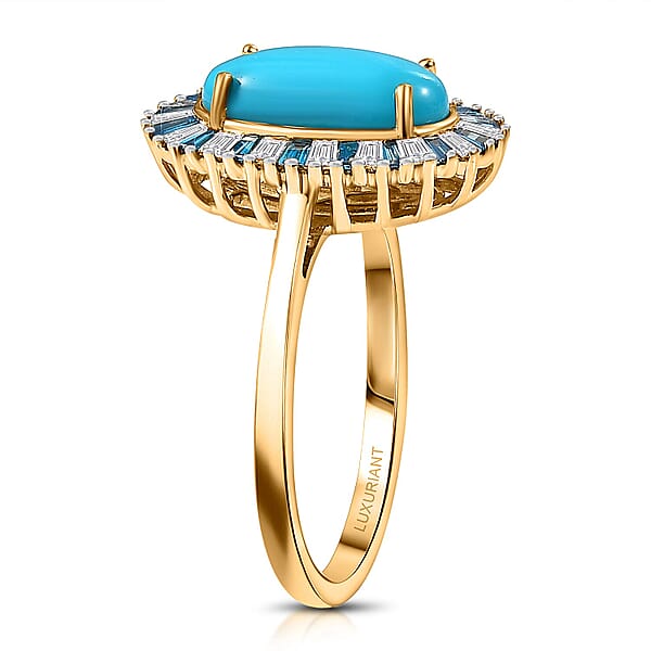 AAA Sleeping Beauty Turquoise Lab Grown Blue And White Diamond Stargate Ring In 10K Yellow Gold 2.40 Ctw